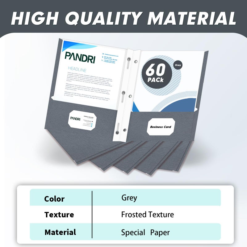 PANDRI Two Pocket Folders, PANDRI 60 Pack Two Pocket Folders with Prongs, 3 Prong Folders Designed for Office and Classroom, Letter Size Grey - Image 2